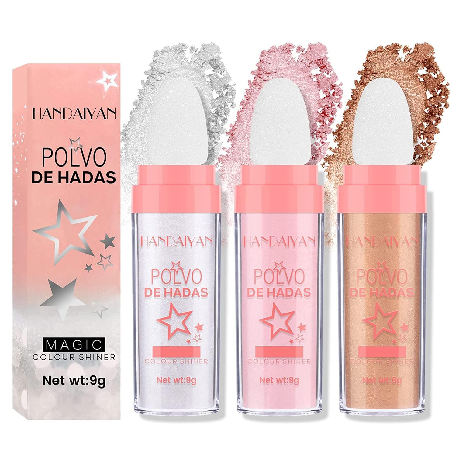 3 Color Polvo De Hadas Highlighter Makeup, Trio Shimmer Glitter Patting Highlight Puff, Glow Luminizer Sparkle Fairy Highlighters for Brighten Face and Body Makeup Kit